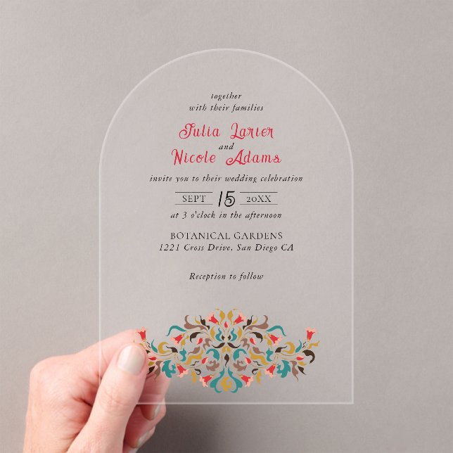 Modern Romantic Elegant Floral Wreath Wedding Acrylic Invitations (Insitu (Handheld))