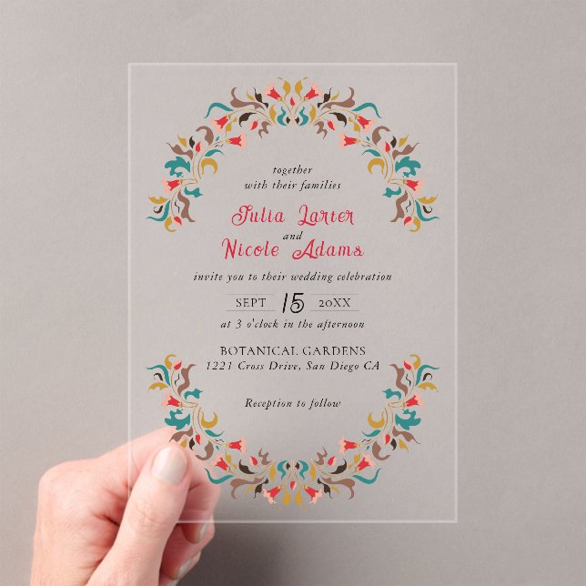 Modern Romantic Elegant Floral Wreath Wedding Acrylic Invitations (Insitu (Handheld))