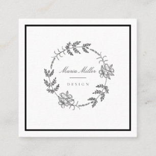 Modern Romantic Floral Black White Classic Square Business Card