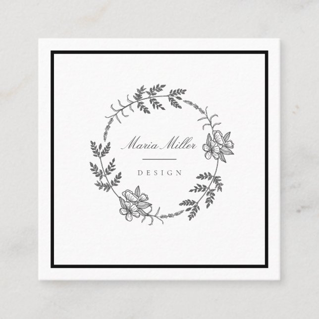 Modern Romantic Floral Black White Classic Square Business Card (Front)