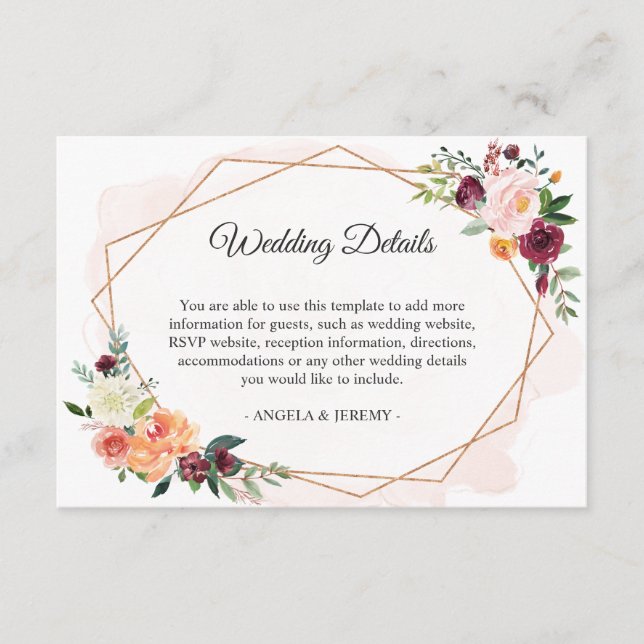 Modern Romantic Floral Wedding Reception Details Enclosure Card (Front)