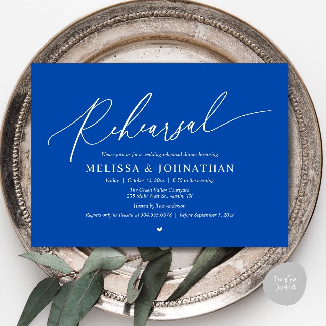 Modern Romantic Intimate Wedding Rehearsal Dinner  Invitation (Modern Romantic Intimate Wedding Rehearsal Dinner Invitation Card in Cobalt Blue and Ivory)
