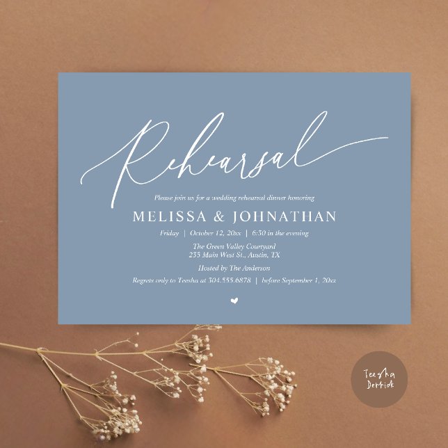Modern Romantic Minimal Wedding Rehearsal Dinner  Invitation (Modern Romantic Intimate Wedding Rehearsal Dinner Invitation Card in Dusty Blue)