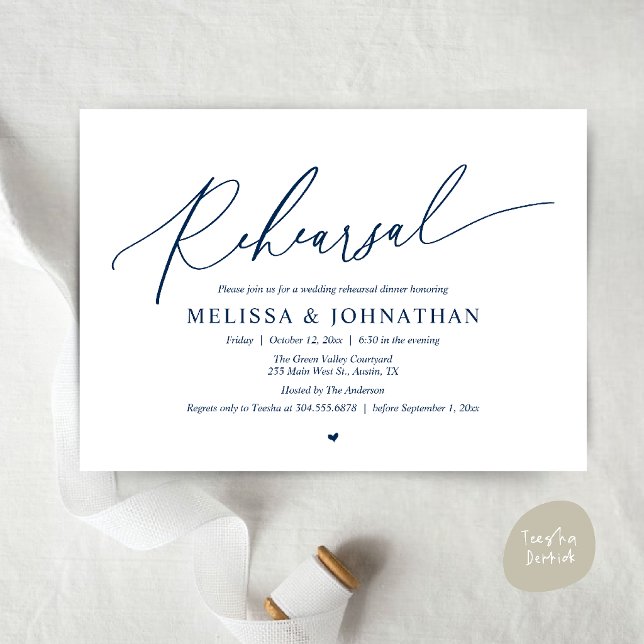 Modern Romantic Minimal Wedding Rehearsal Dinner  Invitation (Modern Romantic Intimate Wedding Rehearsal Dinner Invitation Card in Navy Blue)