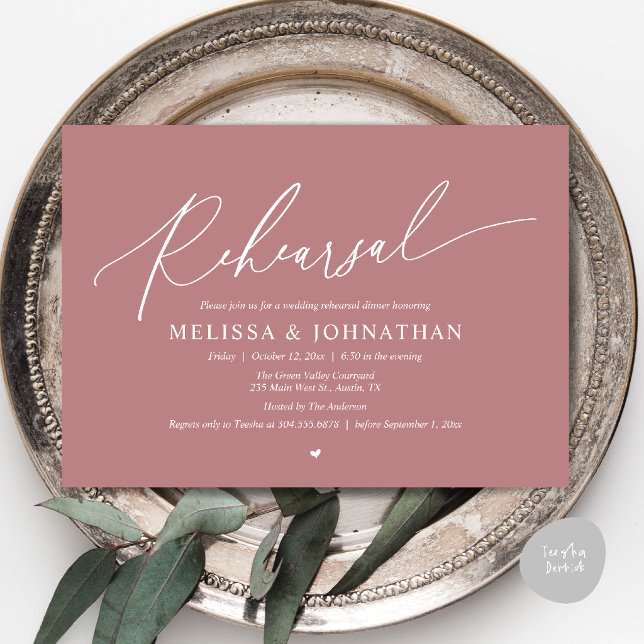 Modern Romantic Minimal Wedding Rehearsal Dinner  Invitation (Modern Romantic Intimate Wedding Rehearsal Dinner Invitation Card in Dusty Rose Pink)