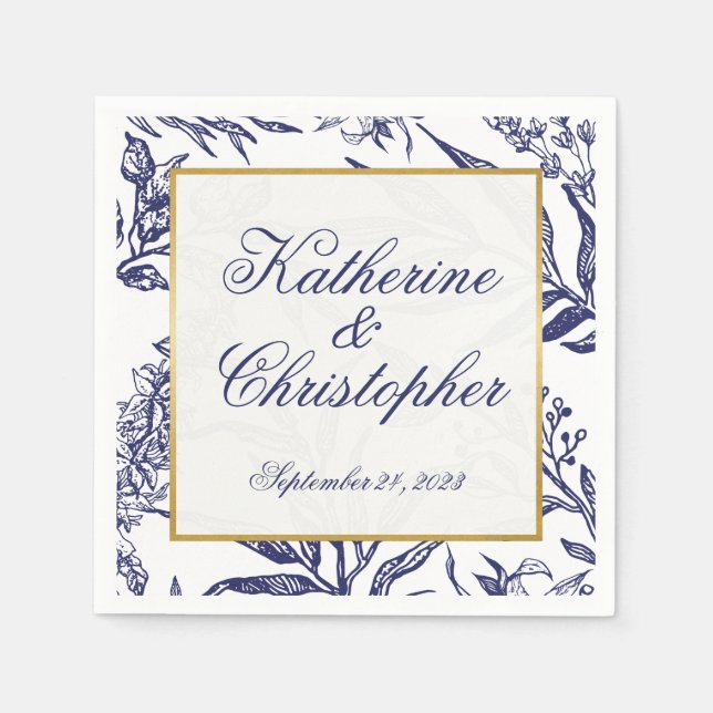 Modern Romantic Navy Blue Gold Botanical Wedding Napkin (Front)