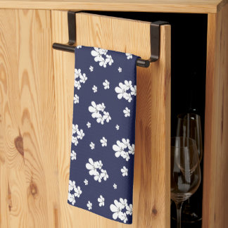 Modern romantic navy blue pattern white flowers tea towel