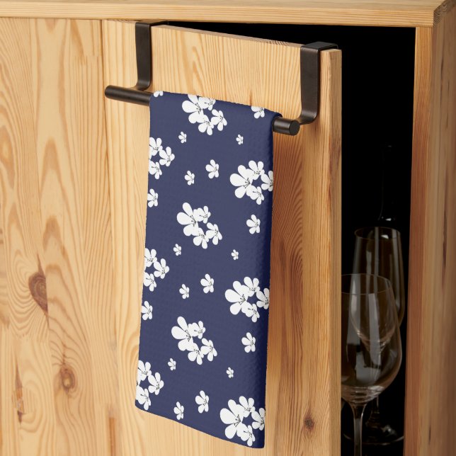 Modern romantic navy blue pattern white flowers tea towel (Thirds Fold)