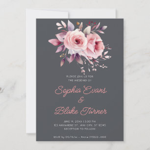 Modern Romantic Pink Roses Graphite Grey Wedding Invitation