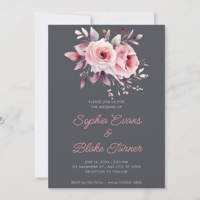 Modern Romantic Pink Roses Graphite Grey Wedding Invitation (Front)