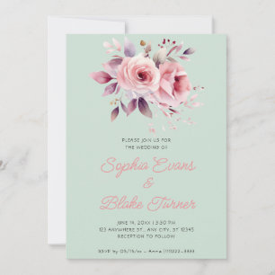 Modern Romantic Pink Roses Light Green Wedding Invitation