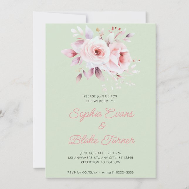 Modern Romantic Pink Roses Light Green Wedding Invitation (Front)