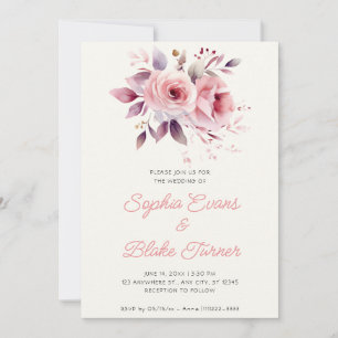 Modern Romantic Pink Roses White Cream Wedding Invitation