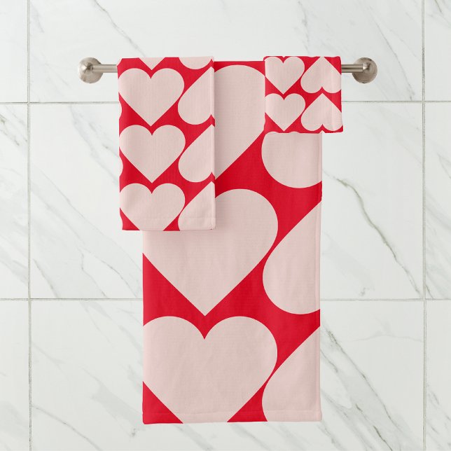 Modern  Romantic Red & Pink Hearts Pattern  Bath Towel Set (Creator Uploaded)