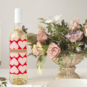 Modern Romantic Red & Pink Hearts Pattern Wine Label