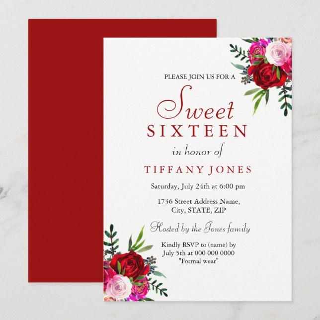 Modern Romantic Red Rose Sweet 16 Invitation (Front/Back)
