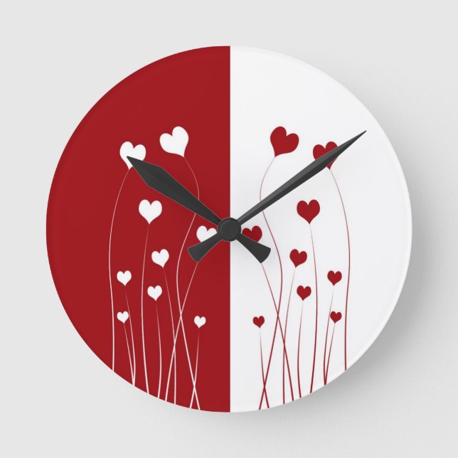 Modern Romantic Red White Love Hearts Round Clock (Front)