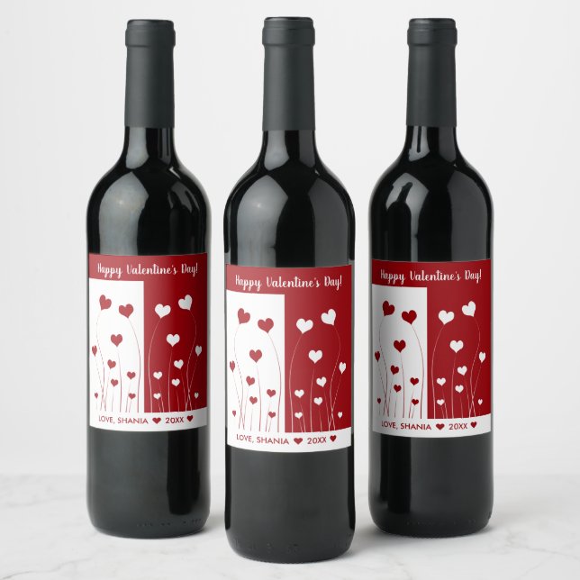 Modern Romantic Red White Love Hearts Wine Label (Bottles)