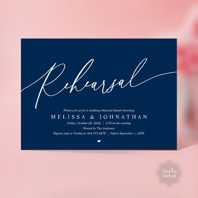 Modern Romantic Rehearsal Wedding Dinner Dancing Invitation (Modern Romantic Rehearsal Wedding Dinner Dancing Invitation Card in Navy Blue)