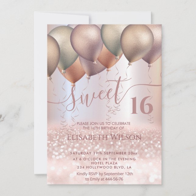 Modern Romantic Rose gold glittery ombre balloon   Invitation (Front)