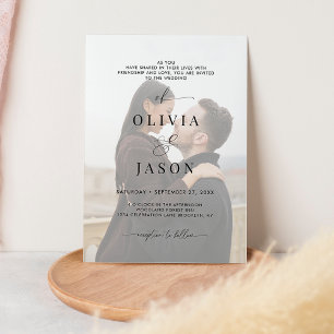 Modern Romantic Script Black White Photo Wedding Invitation