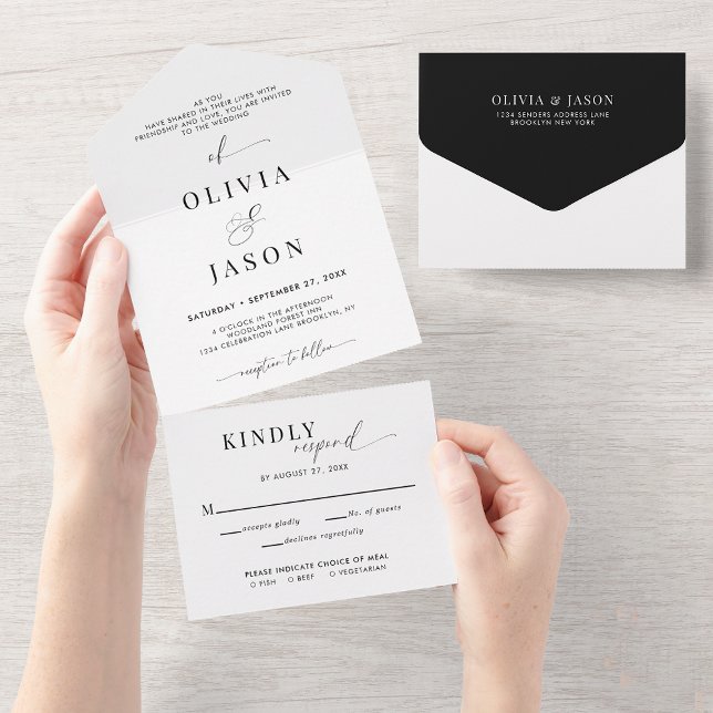 Modern Romantic Script Black White Wedding Rsvp All In One Invitation (Creator Uploaded)
