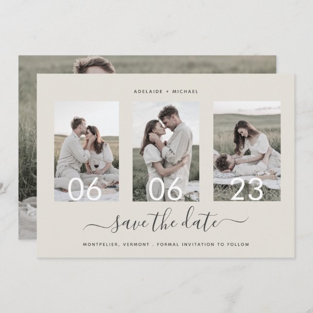 Modern Romantic Script Photo Collage Save The Date (Front/Back)