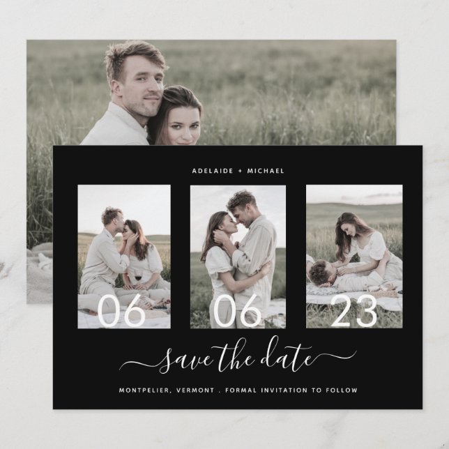 Modern Romantic Script Photo Collage Save The Date (Front/Back)