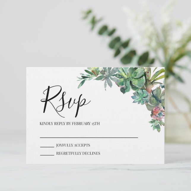 Modern Romantic Succulent Wedding RSVP Card (Standing Front)