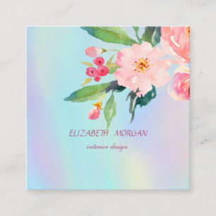 Modern Romantic Watercolor Flowers Holographic Square Business Card
