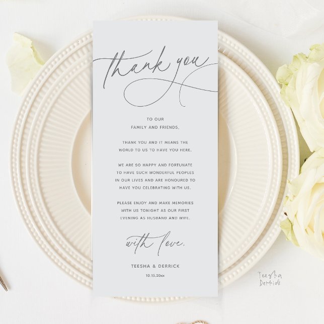 Modern Romantic Wedding Dinner Thank You Card (Modern Romantic Wedding Reception Dinner Thank You Card in Chill Grey)