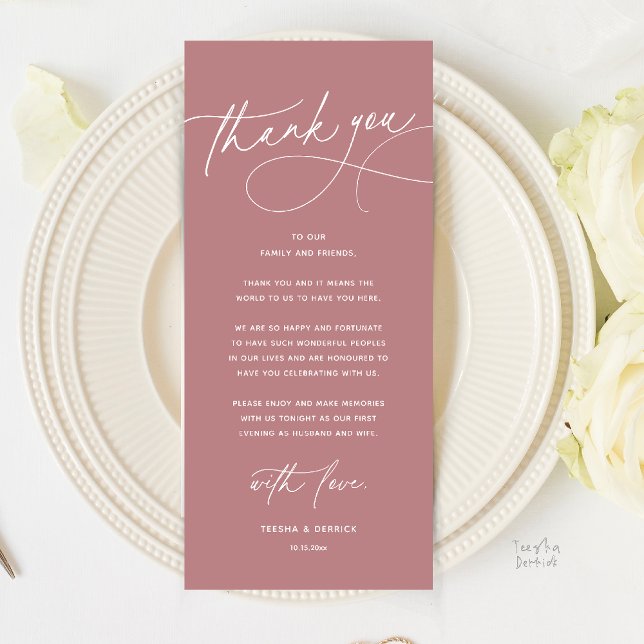 Modern Romantic Wedding Dinner Thank You Card (Modern Romantic Wedding Reception Dinner Thank You Card in Dusty rose pink)