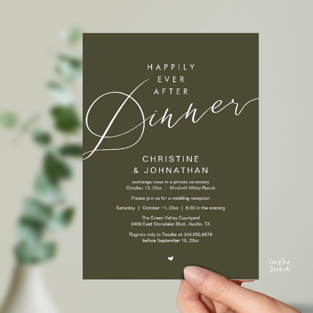 Modern Romantic Wedding Happily Ever After Dinner Invitation (Modern Romantic Wedding Happily Ever After reception Dinner Invitation card in Olive Green)