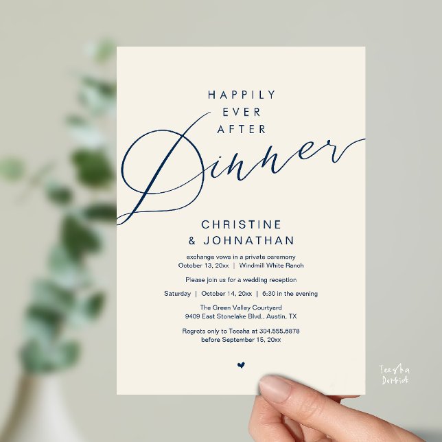Modern Romantic Wedding Happily Ever After Dinner Invitation (Modern Romantic Wedding Happily Ever After reception Dinner Invitation card in Navy Blue Ivory)