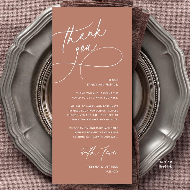 Modern Romantic Wedding Reception Thank You Card (Modern Romantic Wedding Reception Dinner Lunch Brunch Thank You Card in Terracotta Earthy Brown)