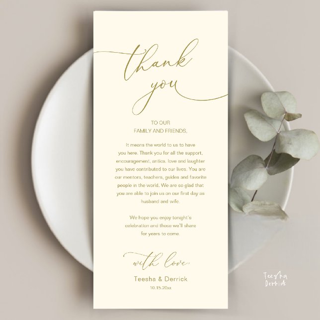 Modern Romantic Wedding Reception Thank You Card (Modern Romantic Wedding Reception Thank You Card, plate decoration, in Yellow Gold)
