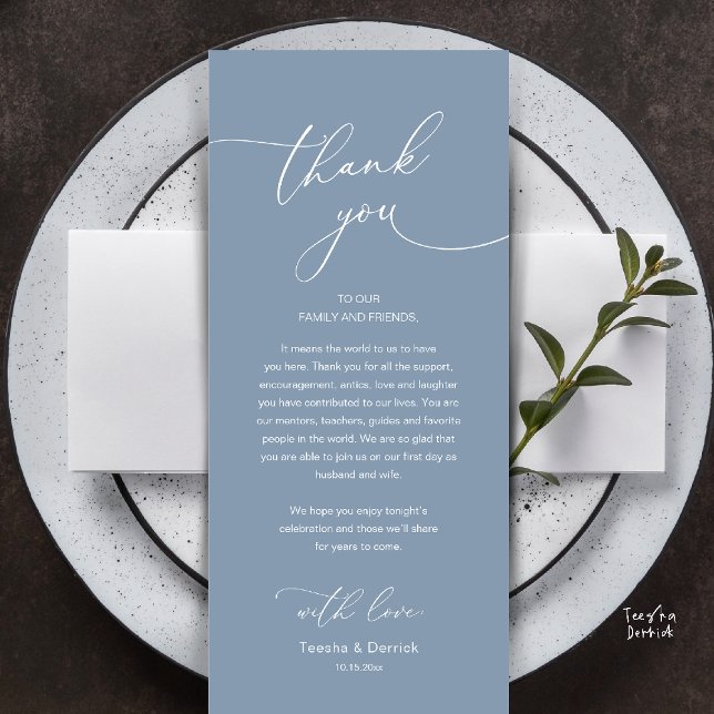 Modern Romantic Wedding Reception Thank You Card (Modern Romantic Wedding Reception Thank You Card, plate decoration, in Dusty Blue)