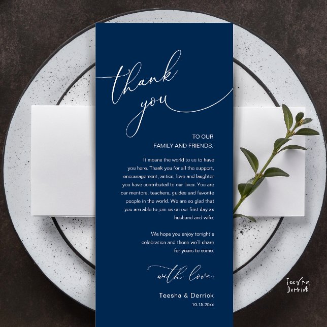 Modern Romantic Wedding Reception Thank You Card (Modern Romantic Wedding Reception Thank You Card, plate decoration, in Classy Navy Blue)