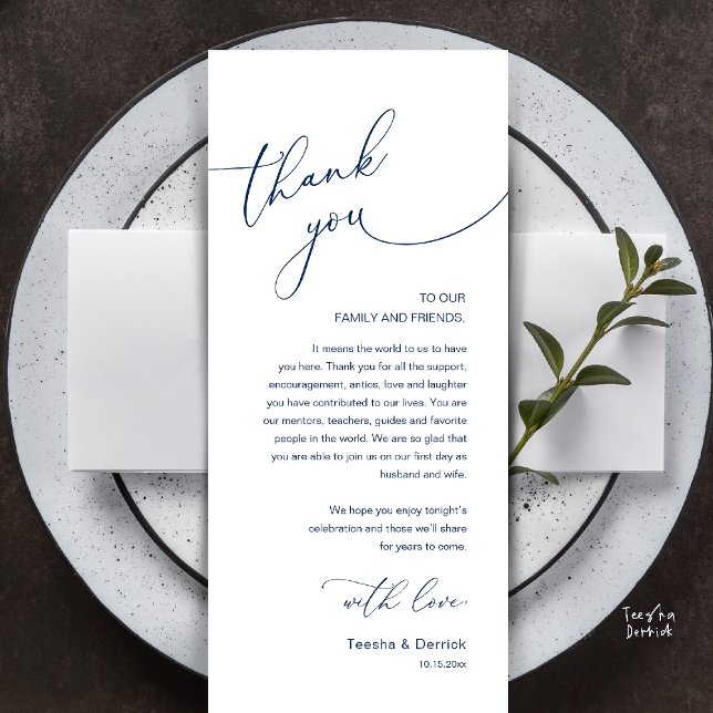 Modern Romantic Wedding Reception Thank You Card (Modern Romantic Wedding Reception Thank You Card, plate decoration, in Classy Navy Blue)