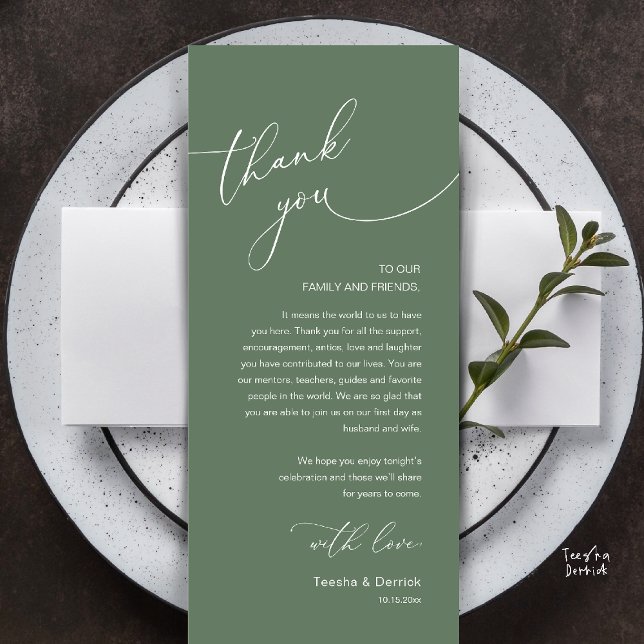 Modern Romantic Wedding Reception Thank You Card (Modern Romantic Wedding Reception Thank You Card, plate decoration, in Sage Green)