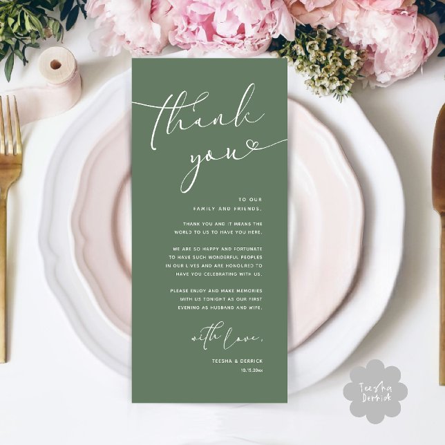 Modern Romantic Wedding Reception Thank You Card (Modern Romantic Wedding Reception Dinner Thank You Card in Sage Green)