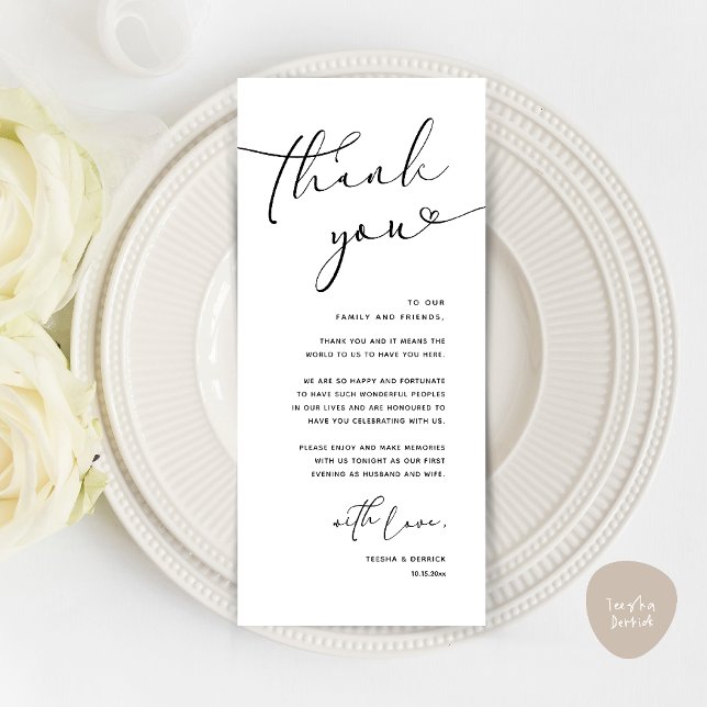 Modern Romantic Wedding Reception Thank You Card (Modern Romantic Wedding Reception Dinner Thank You Card in Black and White)