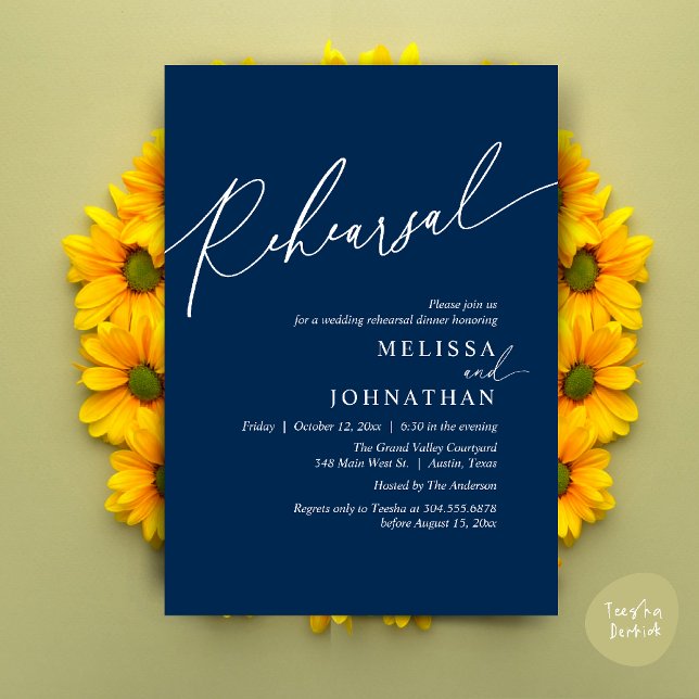 Modern Romantic Wedding Rehearsal Dinner Invitation (Modern Romantic Wedding Rehearsal Dinner Dancing Invitation Card PDF Navy Blue)