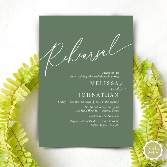 Modern Romantic Wedding Rehearsal Dinner Invitation (Modern Romantic Wedding Rehearsal Dinner Dancing Invitation Card PDF Aesthetic Sage Green)