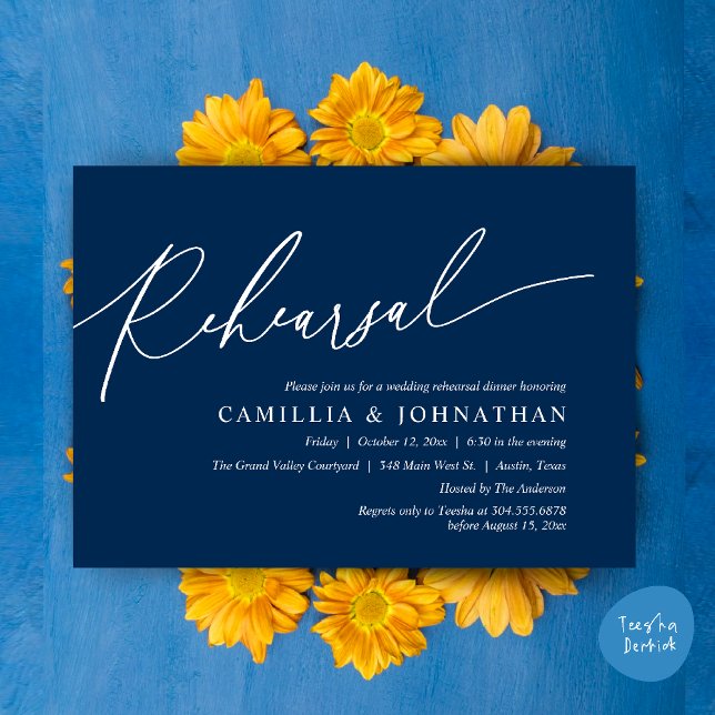 Modern Romantic Wedding Rehearsal Dinner Invitation (Modern Romantic Wedding Rehearsal Dinner Dancing Invitation Card PDF Navy Blue)