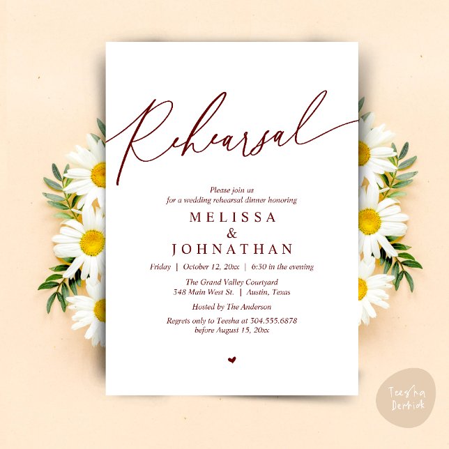 Modern Romantic Wedding Rehearsal Dinner Invitation (Modern Romantic Wedding Rehearsal Dinner Dancing Invitation Card PDF Aesthetic Burgundy wine red)