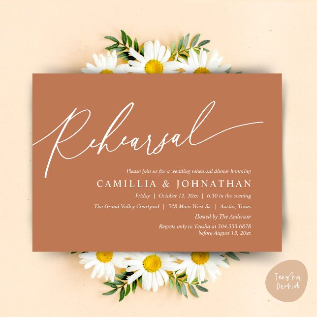 Modern Romantic Wedding Rehearsal Dinner Invitation (Modern Romantic Wedding Rehearsal Dinner Dancing Invitation Card PDF Aesthetic Copper Brown )