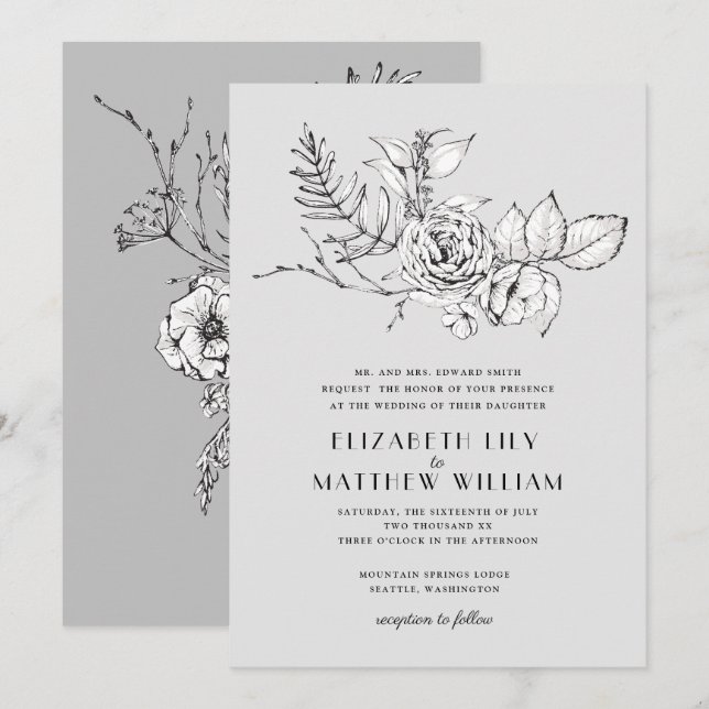 Modern Romantic Wildflower Grey Wedding Invitation (Front/Back)