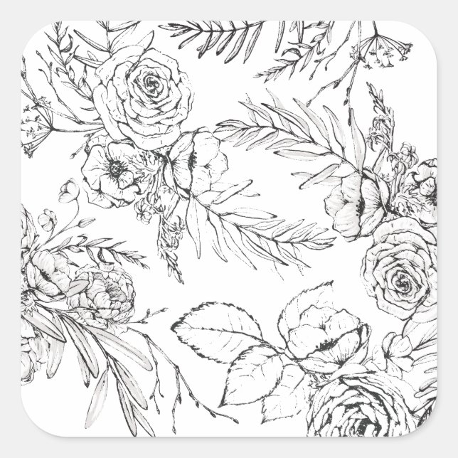 Modern Romantic Wildflower Line Drawing Square Sticker (Front)