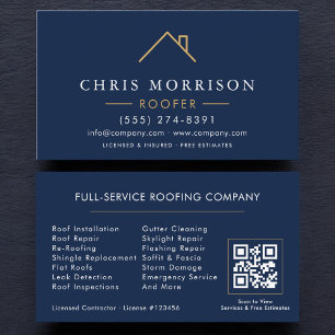 Modern Roofer Navy Blue Gold QR Code Business Card